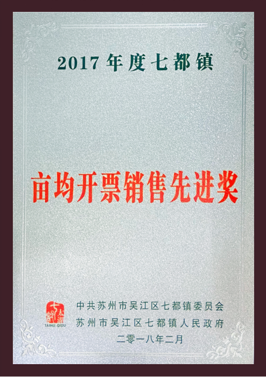 2017年--亩均开票销售先进奖